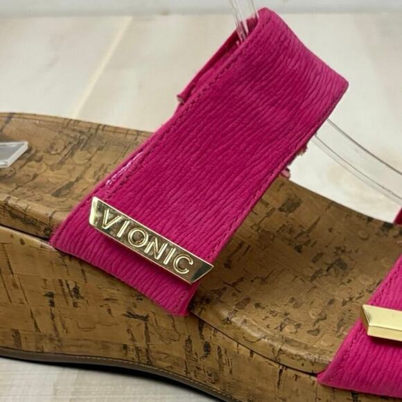 Vionic Pepper Pink Ruched Elastic Wedge Sandals Cork Platform Size 10 - Picture 2 of 9